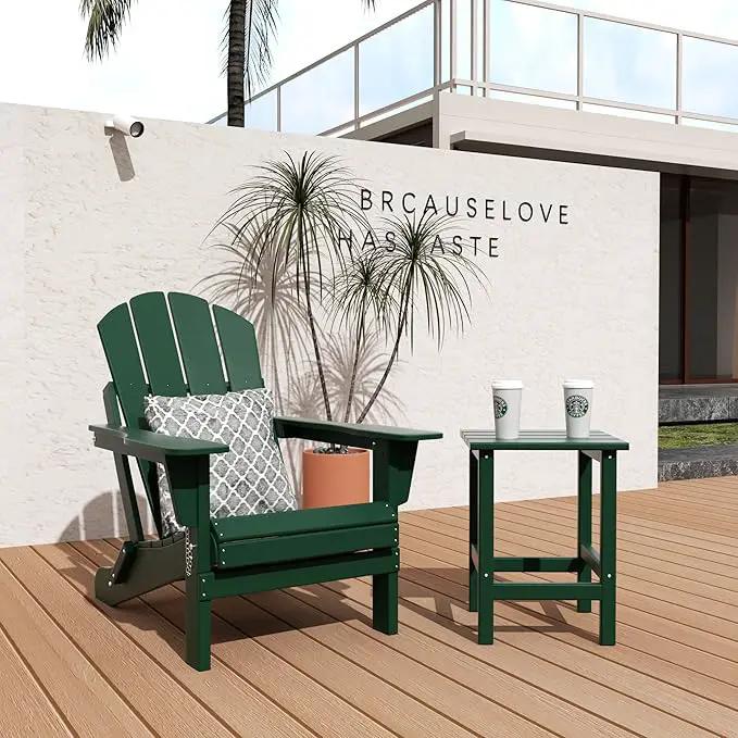 WO Home Furniture Adirondack Chair Table Set of 2 PCS Outdoor Folding Chair w Side Table Weather/UV Resistant for Lawn, Garden, Bon Fire, Balcony (Dark Green) by GreenHaven Gardens