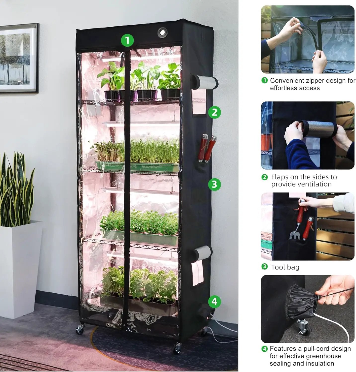 WORTH Mini Greenhouse with LED Grow Lights & Digital Thermo-Hygrometer – Portable Indoor Plant Grow Tent with Oxford Fabric Cover, Adjustable Shelves, Casters & Ventilation Flaps for Seed Starting by GreenHaven Gardens