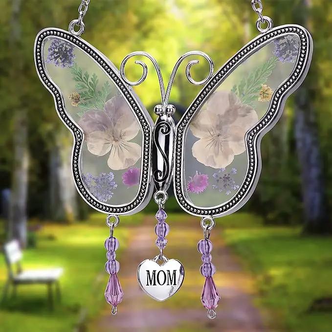 Laraine Butterfly Suncatcher with Pressed Colourful Flower Wings Mom Mother's Day Butterfly Glass Wind Chime Ornament Charm with Metal Heart Gifts for Mom Grandma Birthday (Yellow Mom) by GreenHaven Gardens