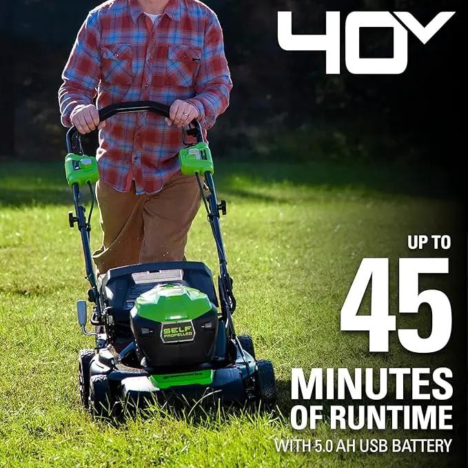 Greenworks 40V 21" Self-Propelled Lawn Mower,Axial Leaf Blower(500 CFM / 120 MPH),13" String Trimmer, 160 PSI Portable Tire Inflator, Includes 2 Batteries(5Ah+2Ah) & Chargers by GreenHaven Gardens