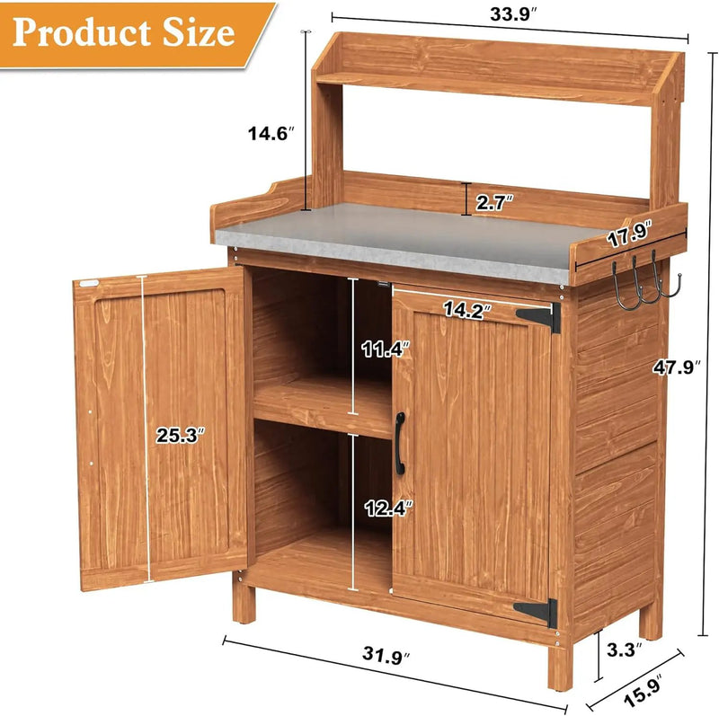 Outdoor Potting Bench with Storage, Wooden Garden Potting Table with Metal Tabletop and Removable Shelf, Potting Work Bench Station for Garden, Patio, Backyard by GreenHaven Gardens