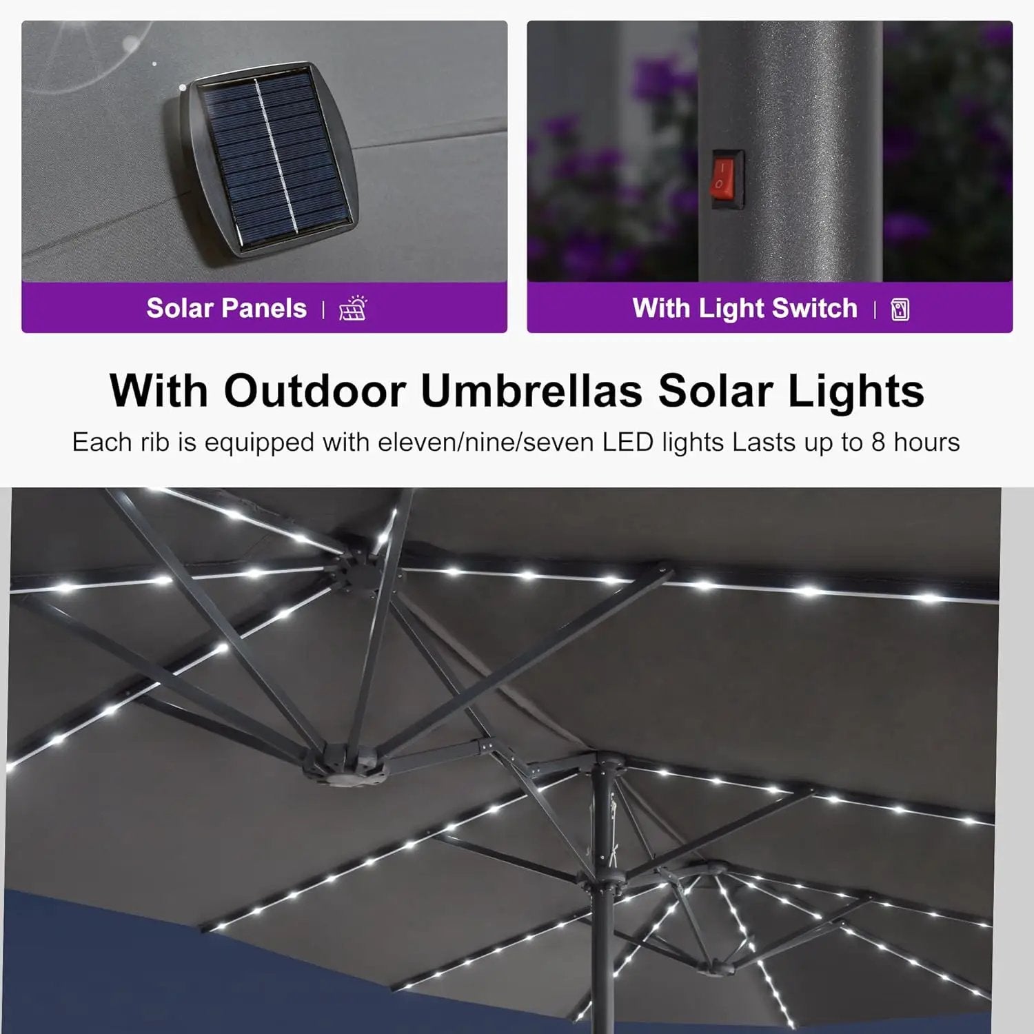 PURPLE LEAF 14ft Patio Umbrella with Solar Lights Outdoor Double-Side Market Umbrella with Base Included Rectangle Table Umbrella for Pool Garden Backyard, Grey by GreenHaven Gardens