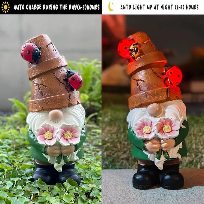 Garden Gnome Statues Outdoor Decor, Solar Gnomes with LED Lighted Flowers, Solar Resin Outdoor Statue Sculpture, for Woman Gift Home and Garden Decor by GreenHaven Gardens