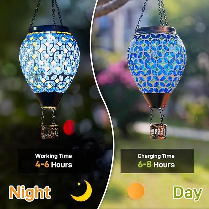 Mosaic Hot Air Balloon Solar Lantern with Flickering Flame, Blue Mosaic Hanging Solar Lantern Lights Outdoor Waterproof for Garden Patio Gifts for Women Mom Grandma by GreenHaven Gardens