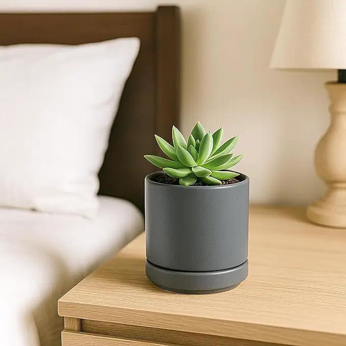 D'vine Dev Set of 2 Plants Pots, 3.5 Inch Ceramic Planter Pot for Plants with Drainage Hole and Saucer, Speckled Grey, 94-V-A-3 by GreenHaven Gardens