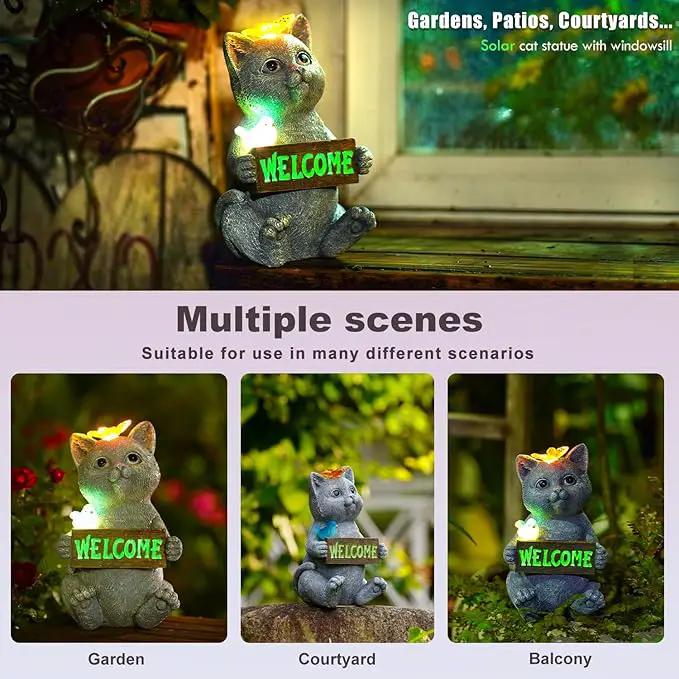 Solar Cat Figurine Garden Statues : Outside Welcome Cat Statue with Butterfly for Garden Decor and Yard Decorations - Unique Gifts for Women and Mom by GreenHaven Gardens