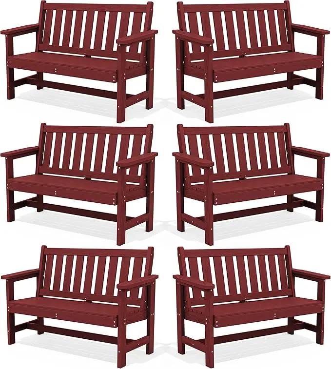 SERWALL Outdoor Bench, HDPE Outdoor Benches Weatherproof, 2-Person Garden Bench with 660 lbs Weight Capacity, Patio Benches for Outdoors, Garden, Porch, Backyard and Park, Red, 6 Pack by GreenHaven Gardens