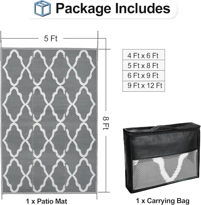 OutdoorLines Outdoor Plastic Area Rugs for Patio 5x8 ft - Reversible Outside Carpet, Stain & UV Resistant RV Mats, Straw Rug for Camping, Deck Garden, Porch and Balcony, Moroccan Grey & Light Grey by GreenHaven Gardens