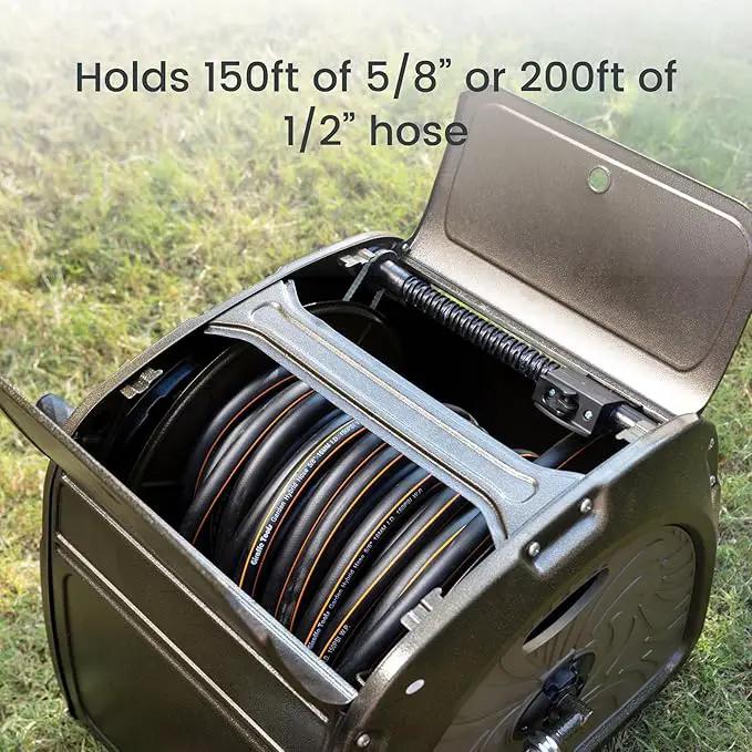 Giraffe Tools SW5 Metal Hose Reel Box, Heavy Duty Garden Hose Storage Reel Hideaway, Crank Handle, 150ft 5/8" Hose Capacity, Green by GreenHaven Gardens