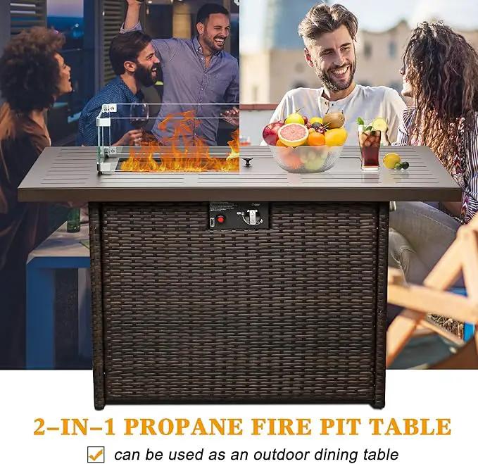 LayinSun 44" Propane Gas Fire Pit Table, 55000 BTU Rectangular Fire Pit with Glass Wind Guard for Outside Patio Deck Garden Backyard Brown-Aluminum Top by GreenHaven Gardens