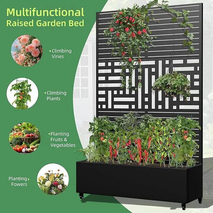 Casaphoria Metal Raised Garden Bed with Trellis and Wheels, 72"x47"x16" Planter Box for Climbing Plants, Vegetables & Vines, Features Drainage Holes and Privacy Screen, Black(Louvered&Helen) by GreenHaven Gardens
