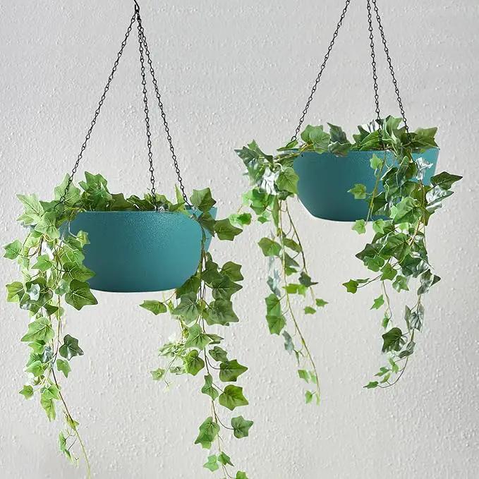 WOUSIWER 13 inch 2 Pack Large Hanging Planters for Indoor Outdoor Plants with Drainage Holes and Chain, Round Hanging Flower Pots for Garden Home Porch Decor, Myrtle Green by GreenHaven Gardens