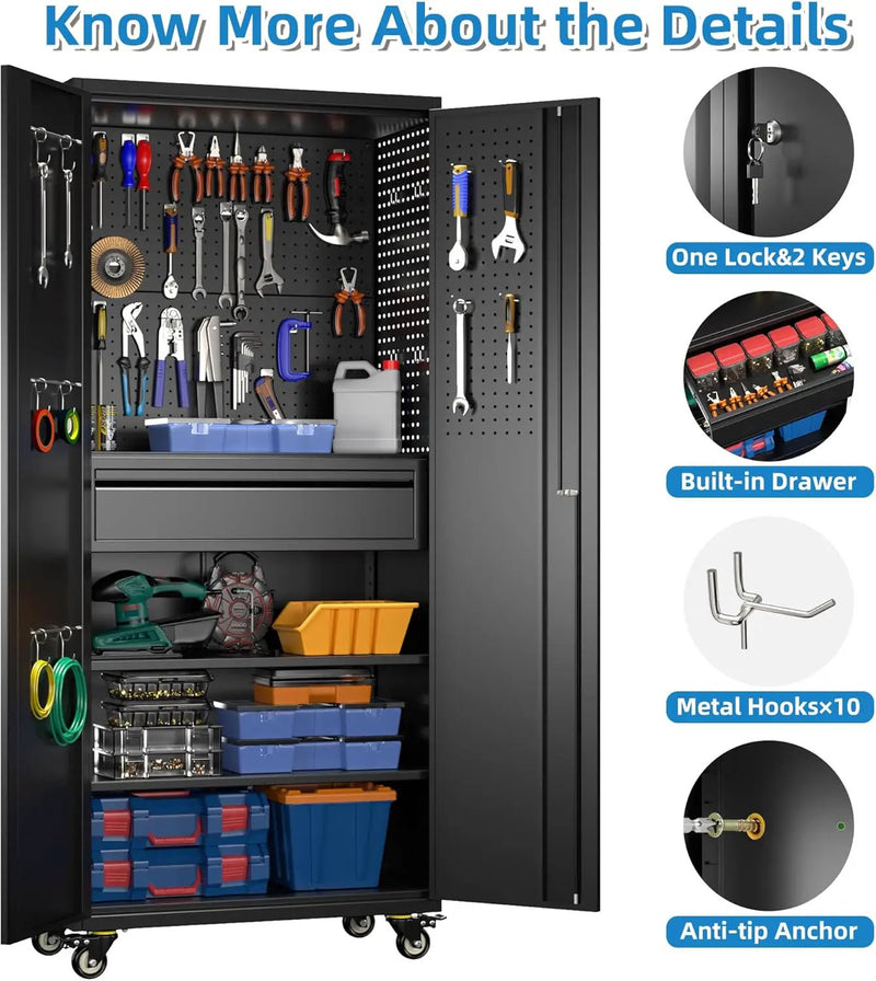 71" H Metal Garage Storage Cabinet with Locking Doors and 2 Adjustable Shelves, Rolling Tool Storage Cabinet with Wheels, Drawer, Pegboard and 16 Hooks for Garage, Warehouse, Black by GreenHaven Gardens