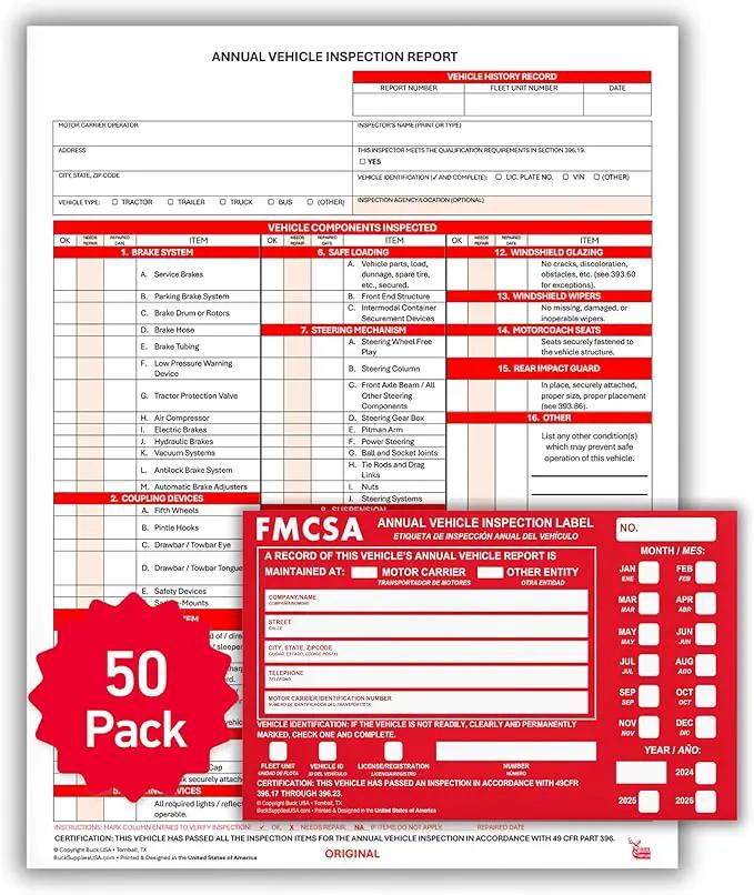 50 Pack 3-Ply Carbonless Annual Vehicle Inspection Report Forms with FMCSA Red Aluminum Adhesive Labels, DOT Inspection Forms and Stickers, Shrink-Wrapped, 8.5" x 11.75" - Made in USA by GreenHaven Gardens