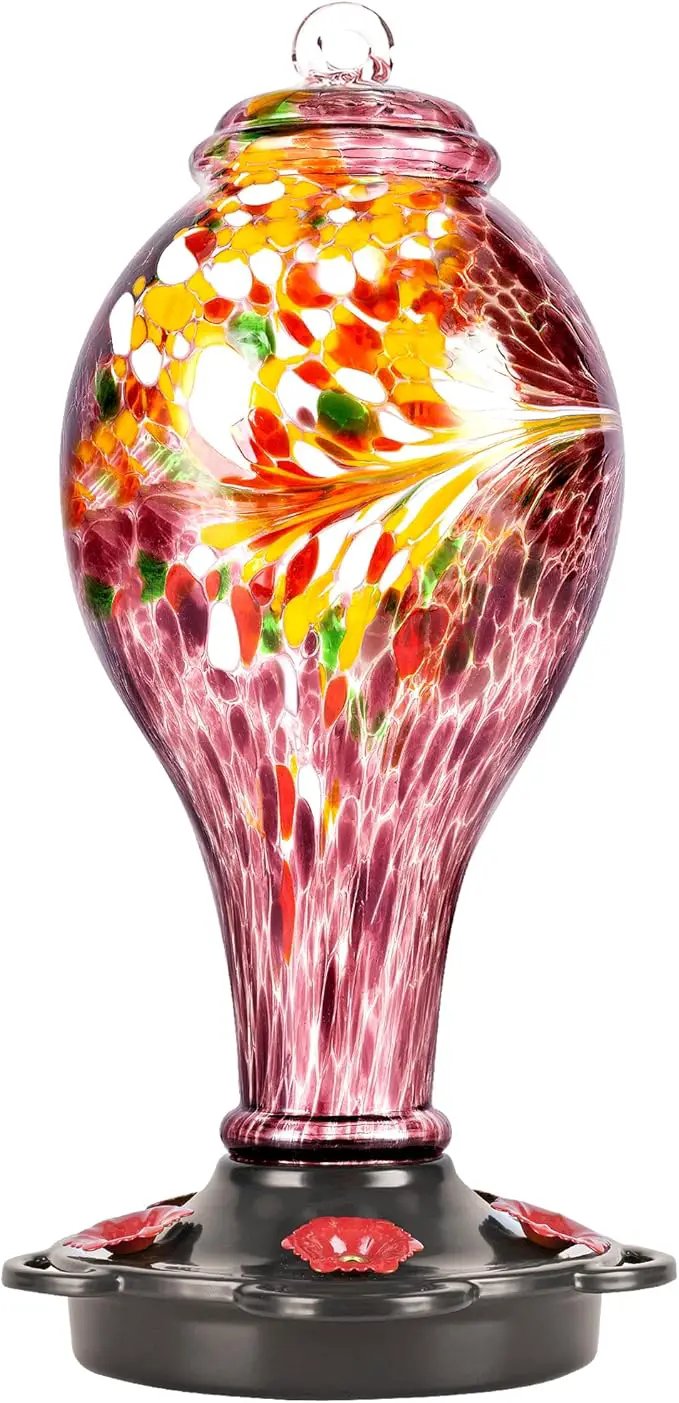 LUJII Hand Blown Glass Hummingbird Feeder for Outdoors Hanging with Ant Guard, 36 fl.oz, Leak Proof & Rustproof, Metal Base with 5 Feeding Ports & 5 Perches, Unique Garden & Backyard Decor (Purple) by GreenHaven Gardens