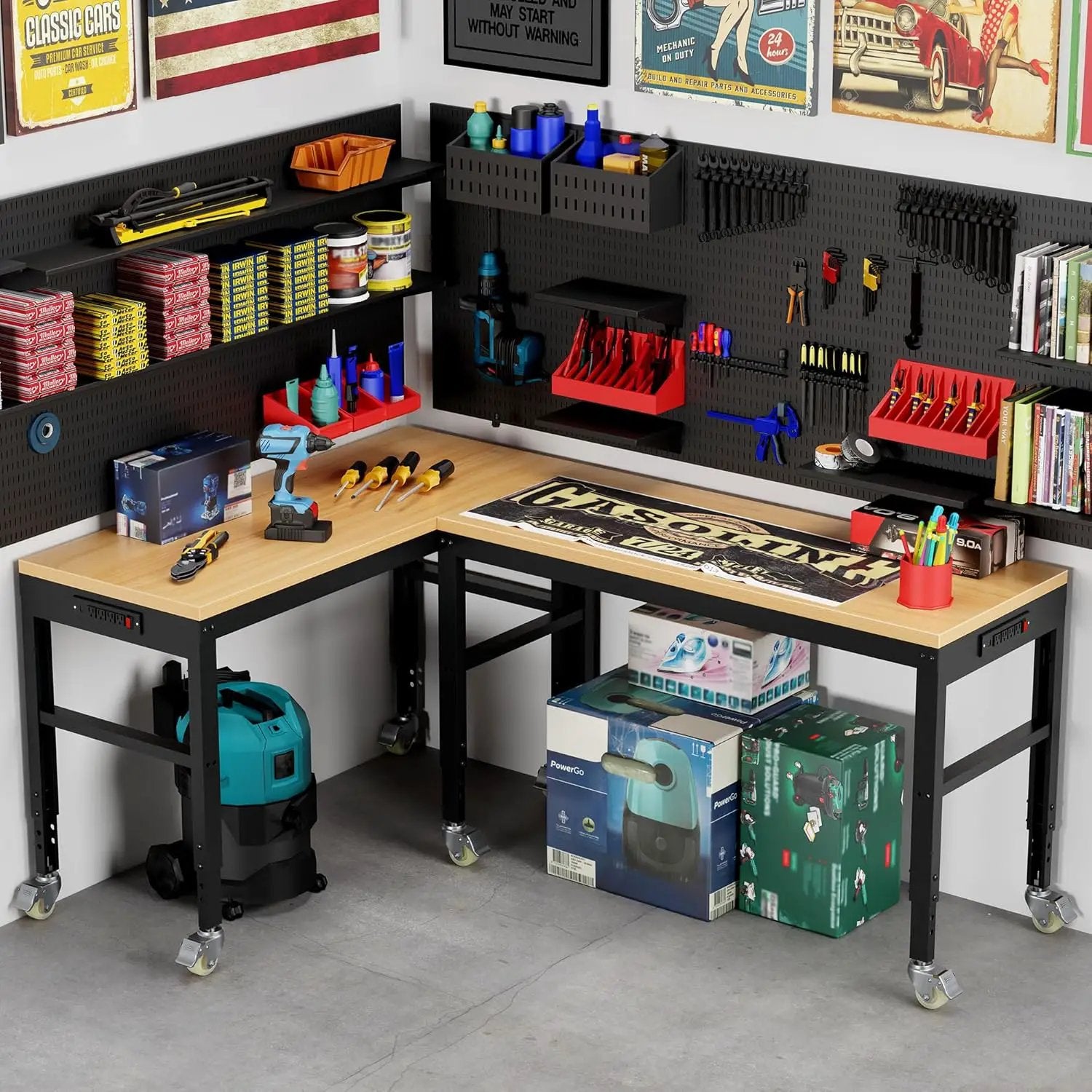 60” Adjustable Workbench，Heavy Duty Wood Work Bench 2000 Lbs Load Capacity,Work Table with Power Outlet and Wheels for Garage, Workshop, Office, Home by GreenHaven Gardens