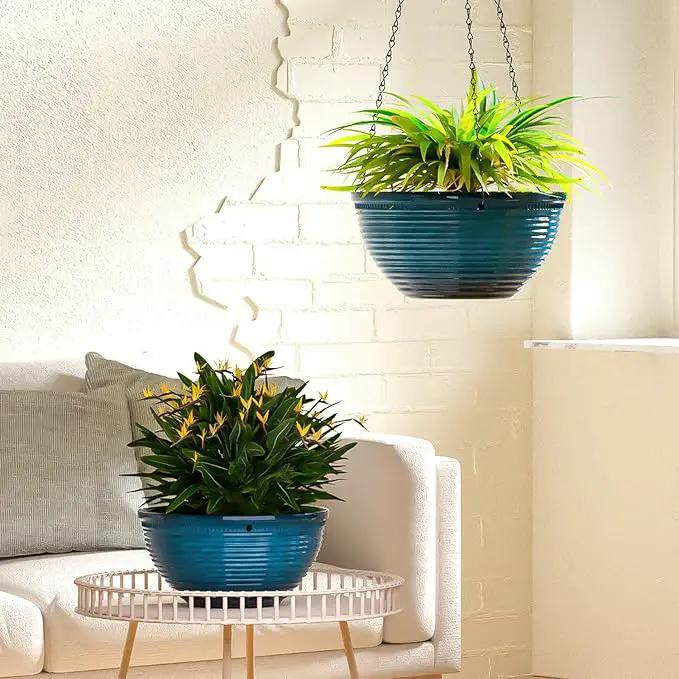 2 Pack Hanging Planters for Indoor Outdoor Plants, 10 Inch Hanging Planter with Drainage Hole & Plug Glazed Hanging Baskets Flower Pots for Garden Home (Blue) by GreenHaven Gardens
