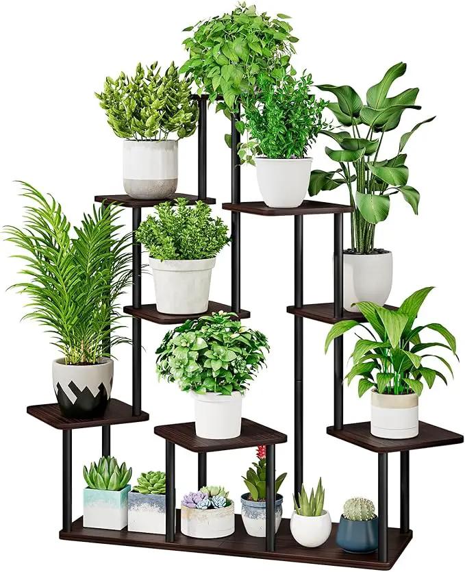 AZERPIAN Plant Stand 9 Tier Indoor Metal Flower Shelf for Multiple Plants Corner Tall Flower Holders for Patio Garden Living Room Balcony Bedroom, Black Oak by GreenHaven Gardens