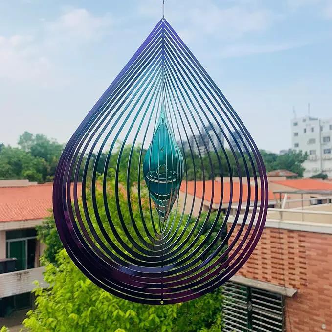 Wind Spinner Garden Indoor Outdoor Decor 3D Stainless Steel Metal Hanging Decorations, 3D Water Droplets Pattern Metal Wind Sculptures & Spinners Whirligig Gifts with 12inch(Green&Purple) by GreenHaven Gardens