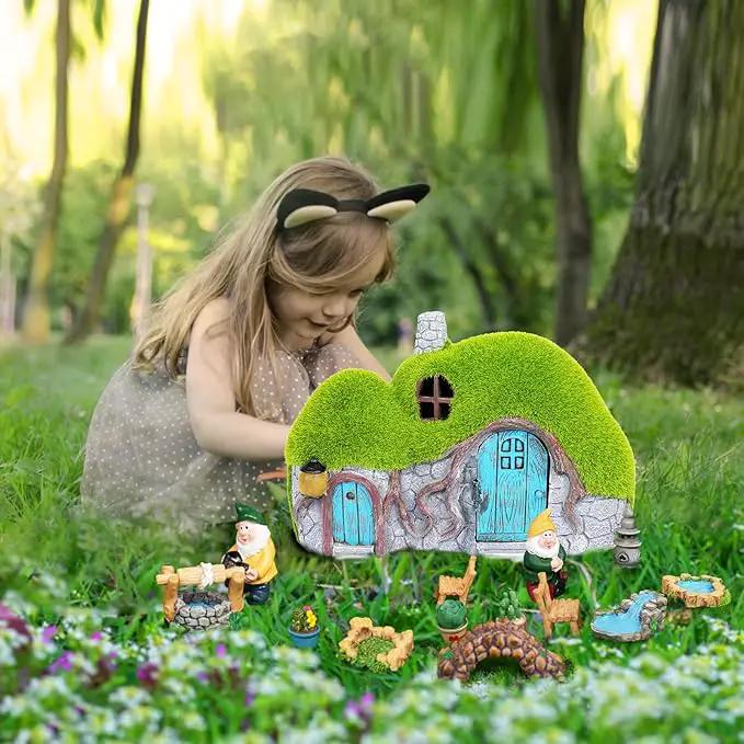 Garden Statues Outdoor Decor - Fairy House with Waterproof Solar Lights Resin Figurines for Yard Lawn Porch Outside Ornament or Garden Gift by GreenHaven Gardens