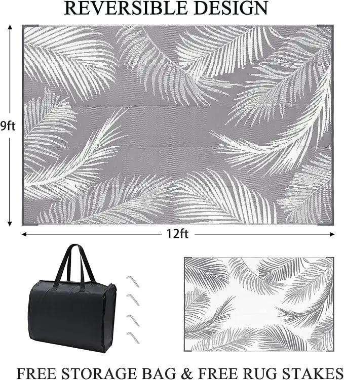 Pauwer Waterproof Outdoor Rug 9x12, Reversible Plastic Straw Patio Camping Rug, Indoor Outdoor RV Mat Carpet for Deck, Camper, Porch, Balcony, Backyard, Picnic, Leaf Grey by GreenHaven Gardens