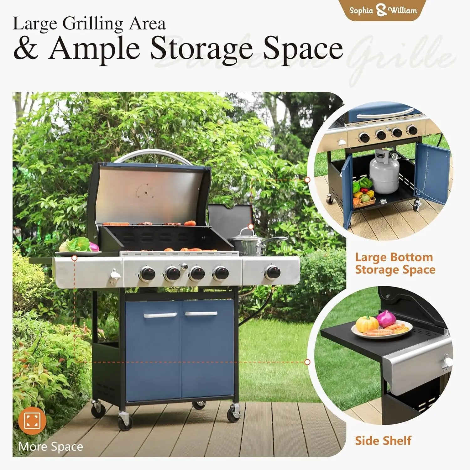 Sophia & William 4-Burner Gas BBQ Grill with Side Burner and Porcelain-Enameled Cast Iron Grates, 42,000BTU Propane Grills Outdoor Cooking Barbecue Cabinet Style, Blue by GreenHaven Gardens