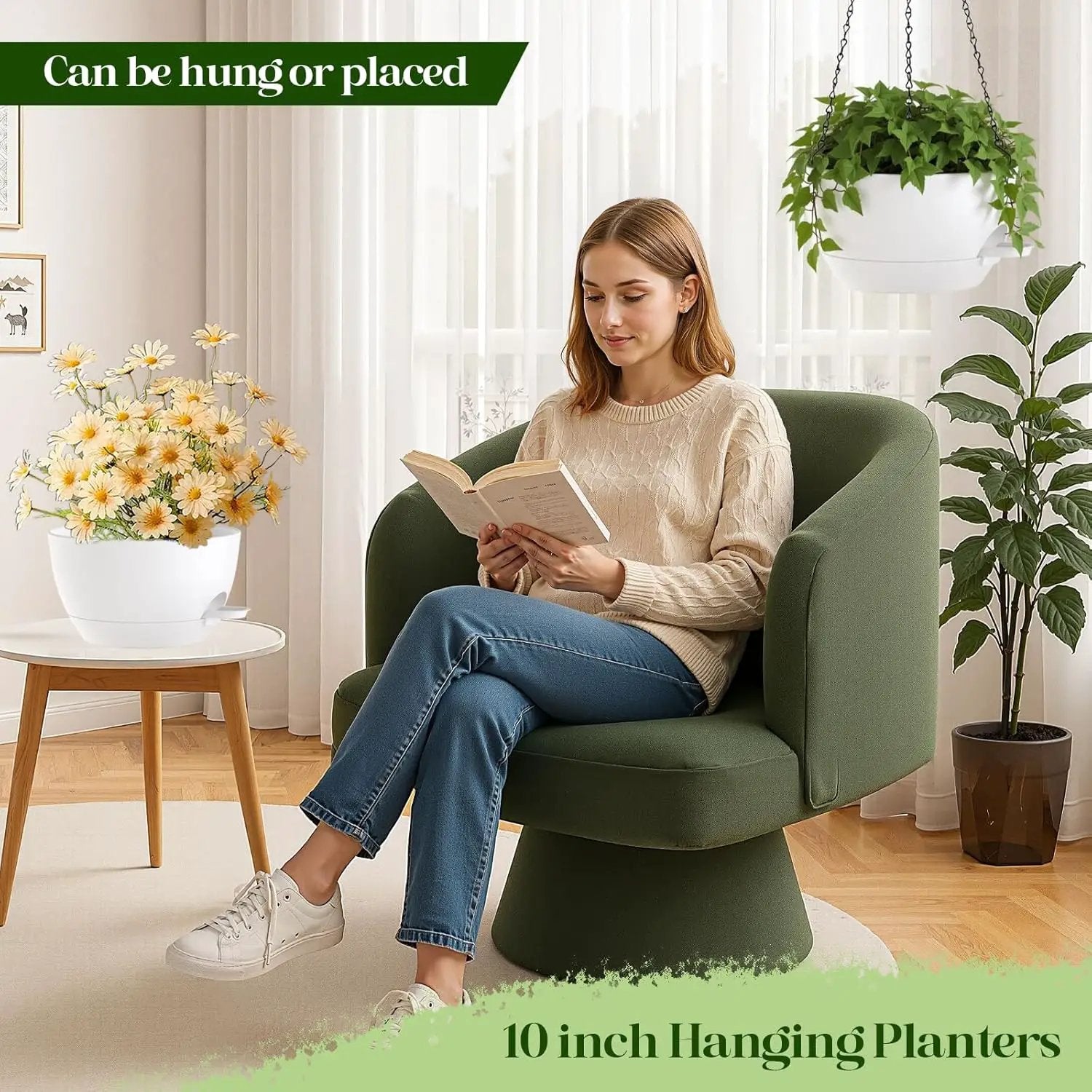 10 Inch Hanging Planters with Chains 2 Pack Self Watering White Plastic Hanging Pots for Indoor Outdoor Plants, Garden Porch Home Decor (White) by GreenHaven Gardens