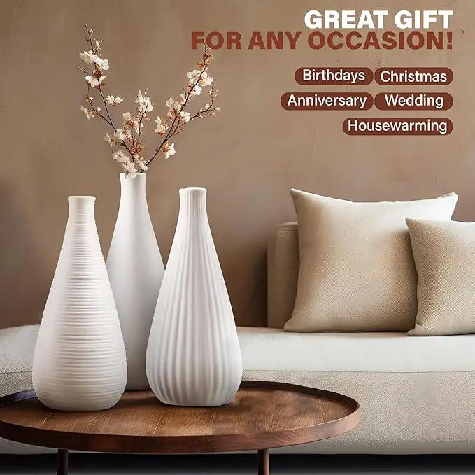 White Vases Home Decor Modern Ceramic Decorative Vases for Home Decor, Flower Vases & Centerpiece, Minimalist Design Set of 3 by GreenHaven Gardens
