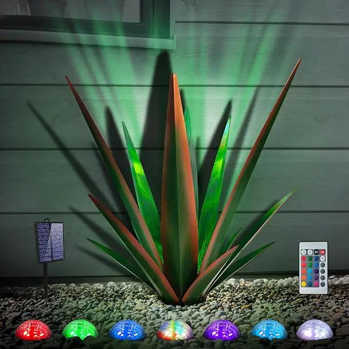 Large Tequila Rustic Sculpture, Rustic Metal Agave Plants for Outdoor Patio Yard, Home Decor Hand Painted Metal Agave Garden Yard Statue, Outdoor Lawn Ornaments (Green - L (W/Solar Light)) by GreenHaven Gardens