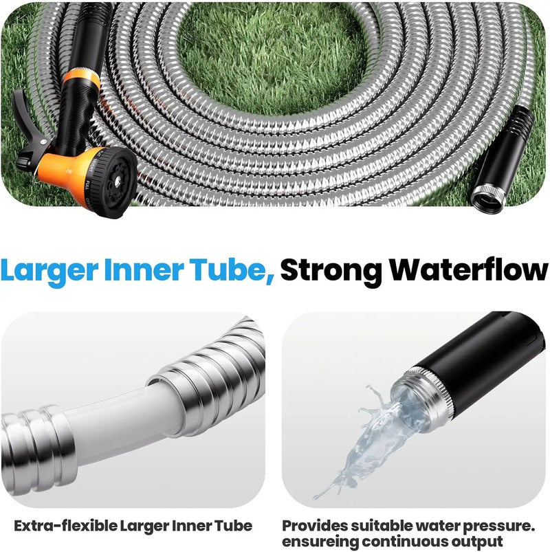 Garden Hose Metal 25 FT, Flexible Stainless Steel Water Hose with 10 Function Nozzle, Kink Free, Lightweight & Durable, Crush Resistant Fitting, Puncture Proof Hose for Yard, Rv, 600 PSI 2025 New by GreenHaven Gardens