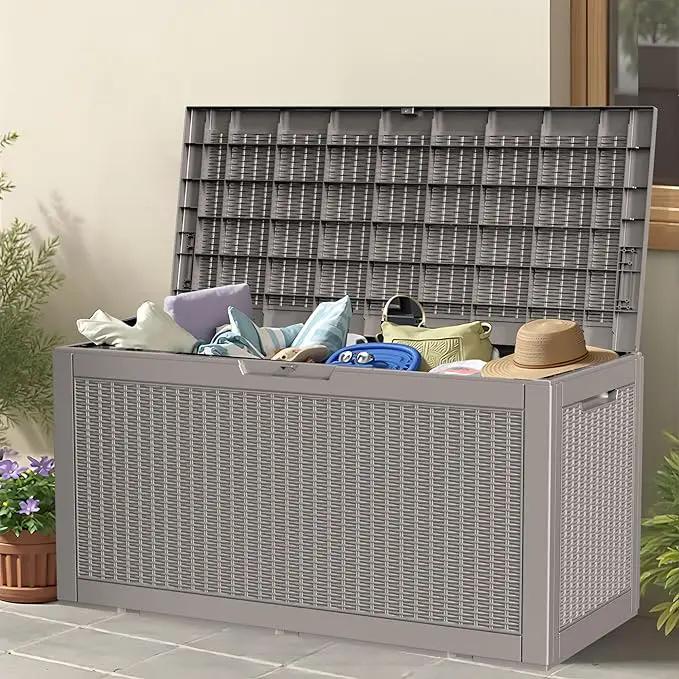 100 Gallon Storage Box, Waterproof Resin Deck Box with Hydraulic Piston Design, Lockable Storage Bench for Package Delivery, Storage Bin for Patio Cushions, Garden Tools, Grey by GreenHaven Gardens