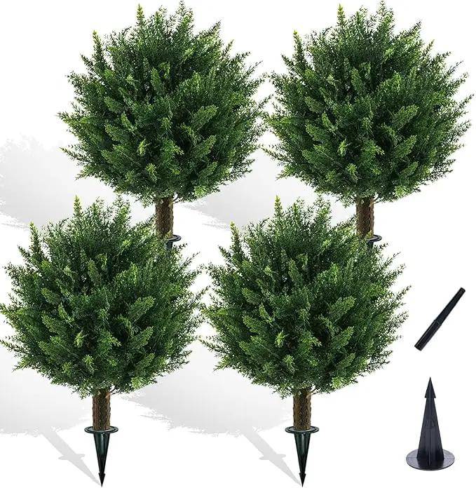 21" Artificial Cypress Topiary Outdoor Plants with Spike, 4 Pack Faux Cedar Bushes UV Resistant Fake Shrubs for Front Porch Décor by GreenHaven Gardens