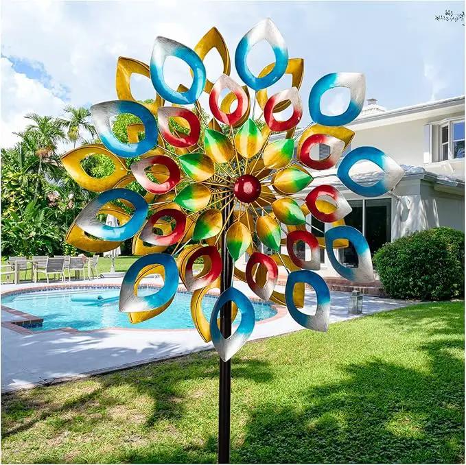 Yard Garden Wind Spinners with Stake - Large Outdoor Metal Wind Spinners, Lawn Yard Art Garden Decor (24" W x 84" H) by GreenHaven Gardens