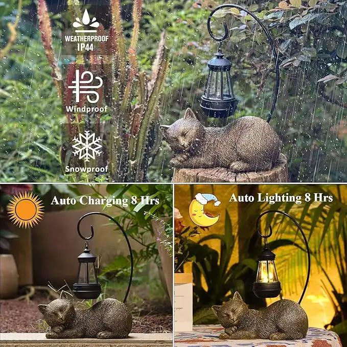 Cat Statue for Garden - 13' Sleeping Cat Figurines Solar Light Resin Garden Statues with Large Lantern Outdoor Waterproof Lawn Porch Ornament Decor, Gift for Mom by GreenHaven Gardens