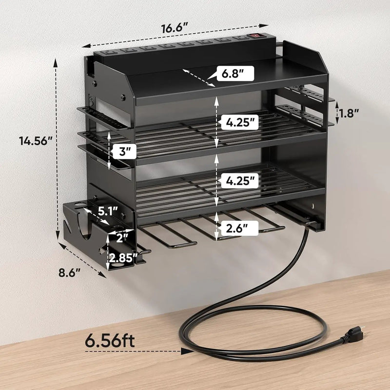 Power Tool Organizer Wall Mount with Charging Station,Tool Storage Rack with 8 Outlet Power Strip,Heavy Duty Metal Battery Utility Rack with 4 Cordless Drill Holder 6.56 Ft Cord for Garage by GreenHaven Gardens