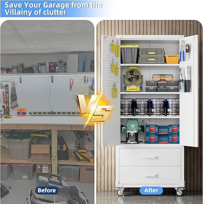 Upgraded Metal Garage Storage Cabinet with Wheels and 2 Drawers, Rolling Tool Cabinet with 3 Shelves and Pegboard Behind The Door for Home Office Garage,Assembly Required,White by GreenHaven Gardens