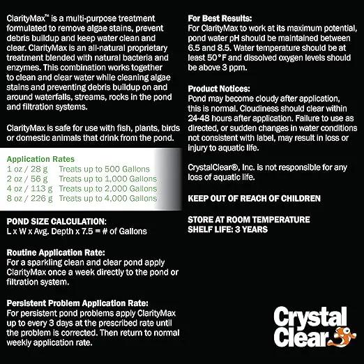 CrystalClear ClarityMax, All-in-One Pond Clarifier Treatment, All-Natural Beneficial Bacteria & Enzymes Provide Max Clarity, Koi Fish & Pet Safe, Algae Stain Remover, Crystal Clear Water Garden 2.5LB by GreenHaven Gardens