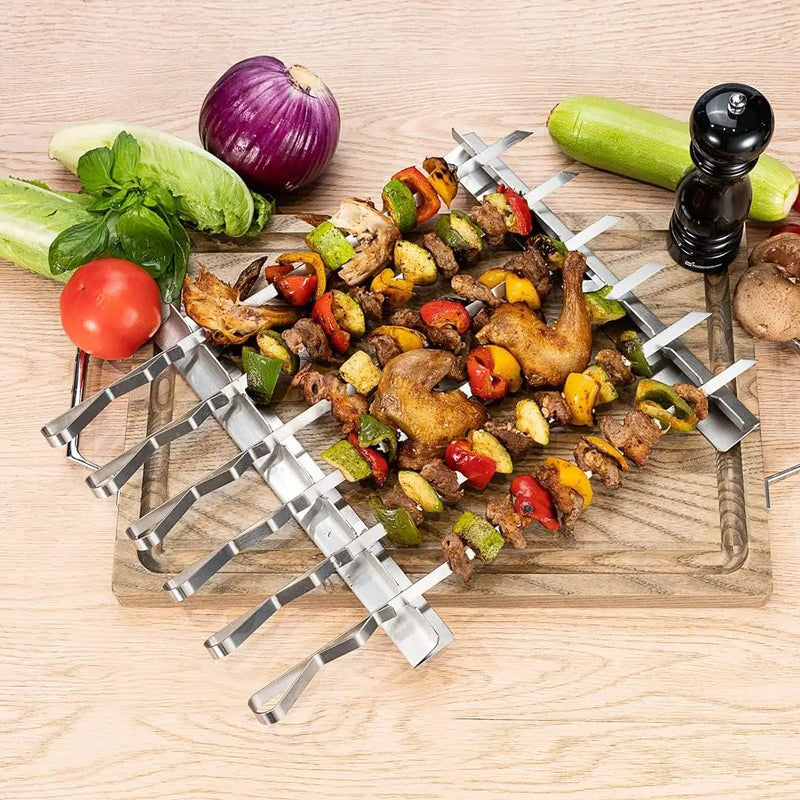 Restaurantware Met Lux 16.9 Inch Barbecue Skewers With Racks 8 Piece Heavy-Duty Shish Kabob Skewer Set - Brings 6 Skewers Includes 2 Grill Racks Stainless Steel Grilling Skewer Set Reusable by GreenHaven Gardens