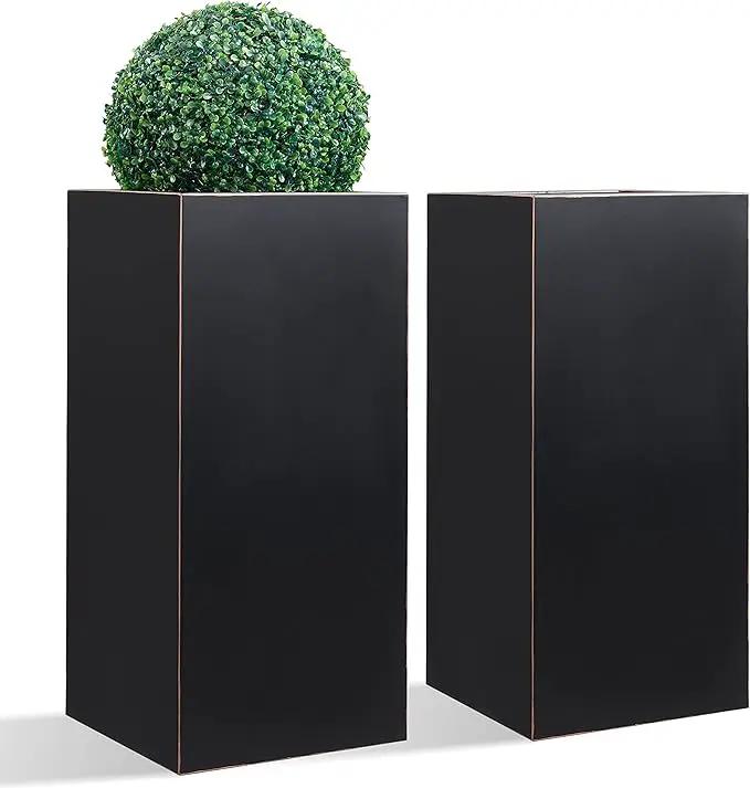 Metallic Heavy Planter for Outdoor Plants, 14Lx14Wx30H Inches, Tall Metal Planter Box with Hand Brushed Gold Edge for Outside & Indoor, 25 Pounds, No Assembly and Seamless, Set of 2 (Black) by GreenHaven Gardens