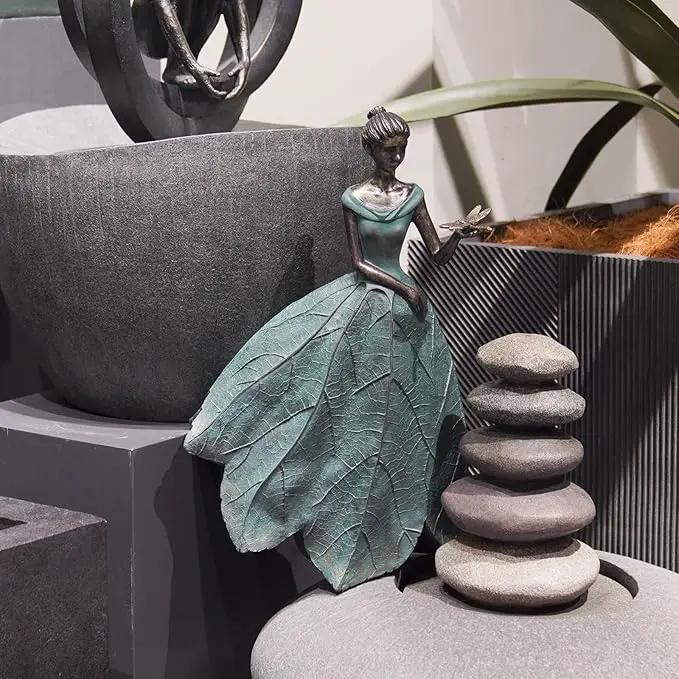 Guichifun Fairy Statue Collection Home Decoration - Leaf Angel Girls with Dragonfly Resin Home Decor for Outside or Inside Rustic Garden Outdoor Yard Decorations Figurines Gift 12 x 8.5 x 18 Inch by GreenHaven Gardens