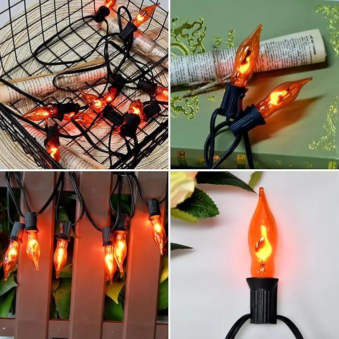 Halloween Lights Flickering Flame String Lights with 12 Pack C7 Orange Flame Light Bulbs (2 Spare), 12.8Ft Orange Flame String Lights for Indoor Outdoor Home Party Yard Halloween Decorations by GreenHaven Gardens