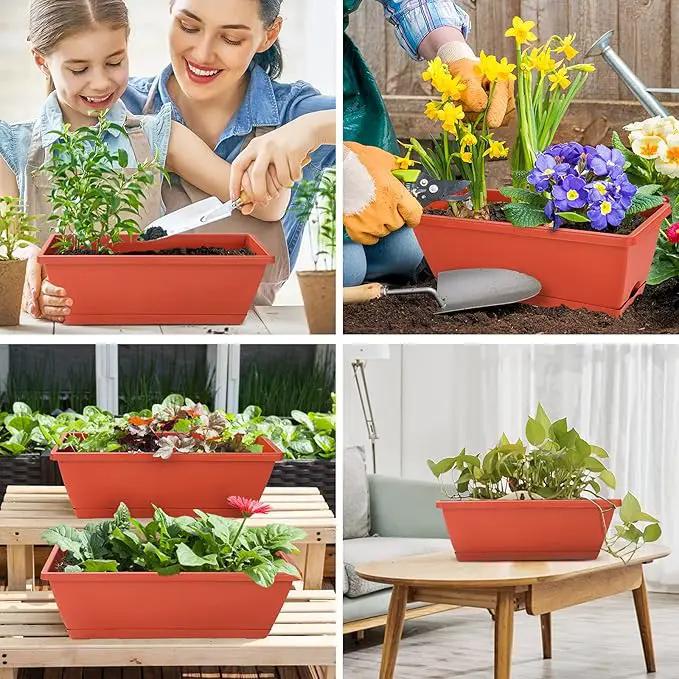 Window Box Planter, 7 Pack Plastic Vegetable Flower Planters Boxes 17 Inches Rectangular Flower Pots with Saucers for Indoor Outdoor Garden, Patio, Home Decor (Red) by GreenHaven Gardens