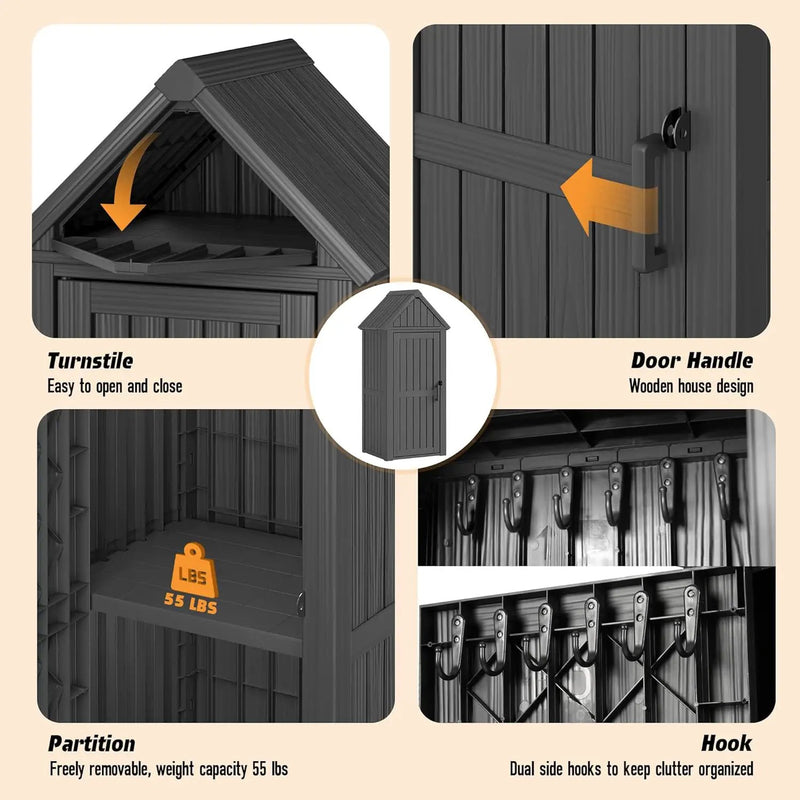Shed Outdoor Storage Shed with Sloping Roof and Lockable Door, Resin Outdoor Storage Box Cabinet Waterproof and Multiple Hooks for Backyard, Patio, Poolside, Black by GreenHaven Gardens