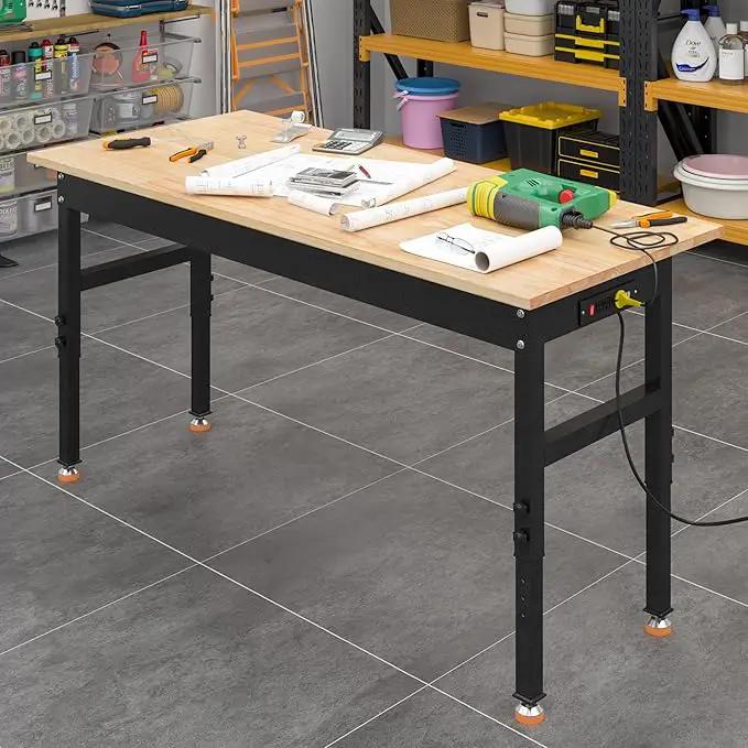 48" Adjustable Work Bench, Rubber Wood Top Workbench Heavy-Duty Work Table with Power Outlet, 2000 LBS Load Capacity Hardwood Work Benches for Garage, Workshop, Home, Office, Easy Assembly by GreenHaven Gardens
