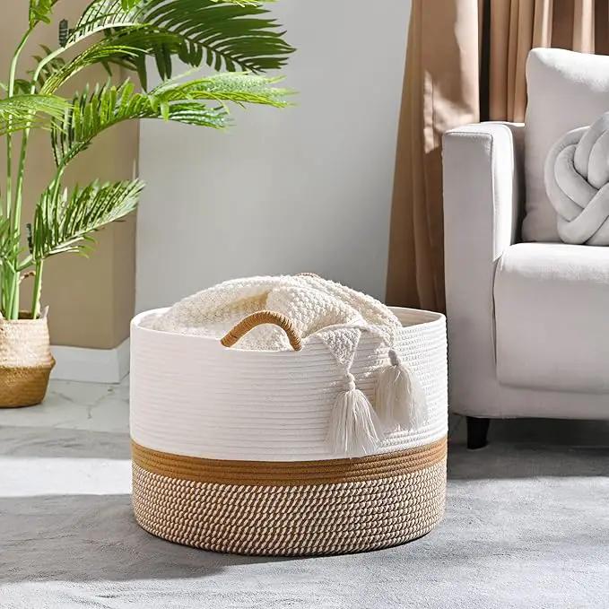 KAKAMAY Large Blanket Basket (20"x13"),Woven Baskets for storage Baby Laundry Hamper, Cotton Rope Blanket Basket for Living Room, Laundry, Nursery, Pillows, Baby Toy chest (White/Brown) by GreenHaven Gardens