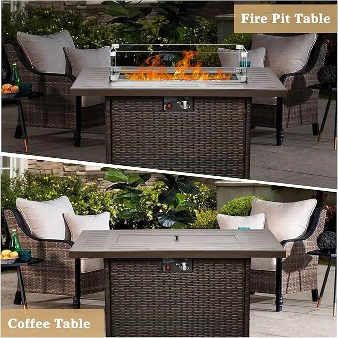 Propane Fire Pit Table,44 Inch 55000 BTU Outdoor Gas Fire Pit Rectangular with Glass Wind Guard for Outside Patio Deck (Brown-Aluminum Top) by GreenHaven Gardens