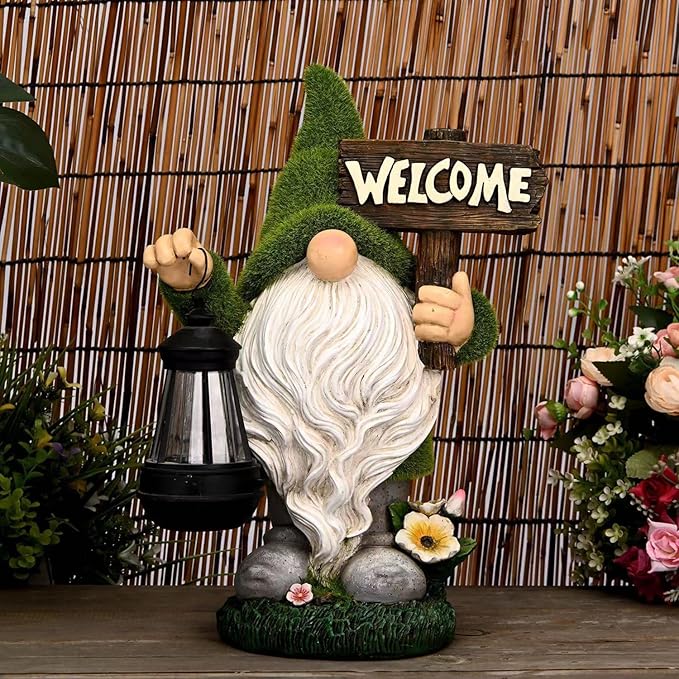 Garden Gnome Statue Outdoor Decor Large Flocked Resin Gnome Figurine with Solar Light Holding Lantern Welcome Sign Garden Yard Decorations Dwarf Sculpture for Outside Patio Porch Lawn Decor. by GreenHaven Gardens