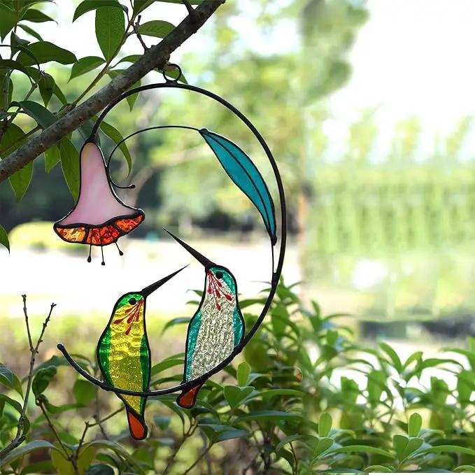 Lolitarcrafts Hummingbird with Flower Stained Glass Suncatcher Bird Stained Glass Window Hangings Hummingbird Gift for Home Decor (Green 1 Pair) by GreenHaven Gardens