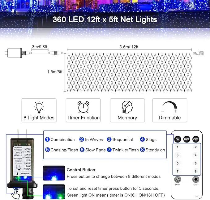 JMEXSUSS 360 LED Blue Net Lights Outdoor, Connectable 12ft x 5ft Christmas Net Lights Plug in with Remote, 8 Modes Waterproof Christmas Mesh String Lights for Bushes Christmas Decorations by GreenHaven Gardens