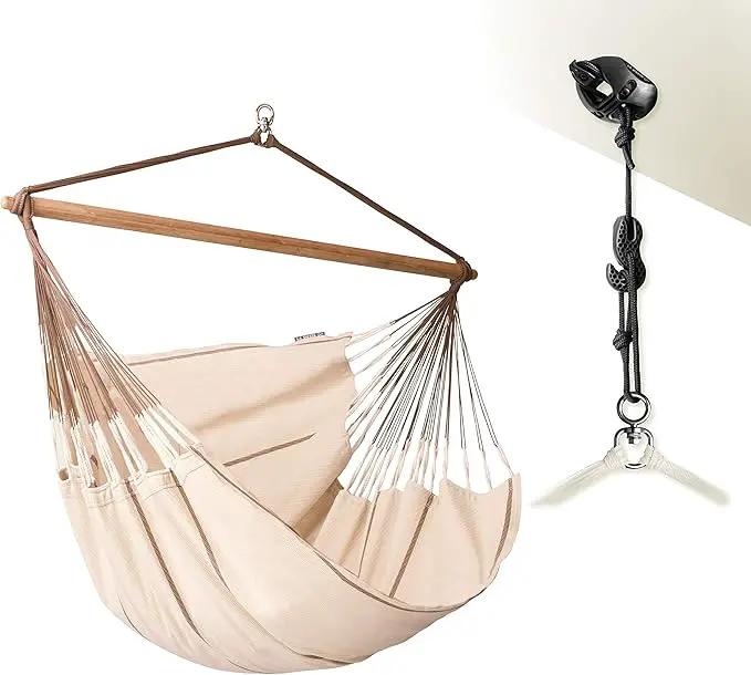 LA SIESTA® - XL King Habana Cotton Hammock Chair & CasaMount - Hanging Chair w/Suspension Kit for Walls Ceilings & Square Beams - Indoor Outdoor Swing Hanging Chair Bedroom Patio Balcony - Nougat by GreenHaven Gardens